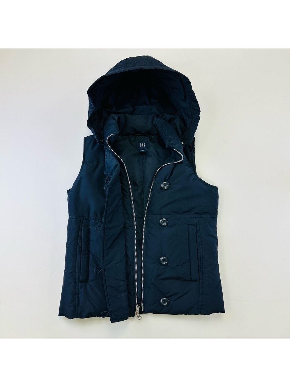 Gap navy down hooded vest Small navy zip & button front Quilted puffer womens